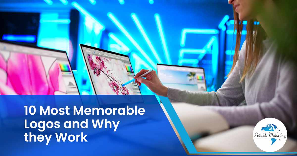 10 Most Memorable Logos and Why they Work Busy graphic designer working on websites and logos, representing Portside Marketing, highlighting the 10 most memorable logos and why they work.