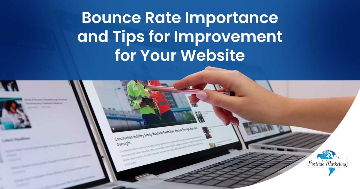 Digital journalist browsing an online news website, illustrating bounce rate importance and tips for website improvement, featured by Portside Marketing.