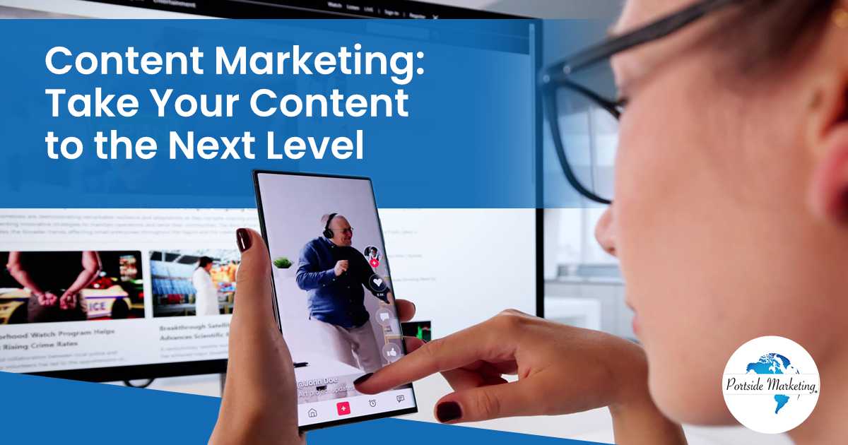 Content Marketing Take Your Content to the Next Level Woman scrolling through media content on her smartphone, representing Portside Marketing’s approach to content marketing and taking digital content to the next level.
