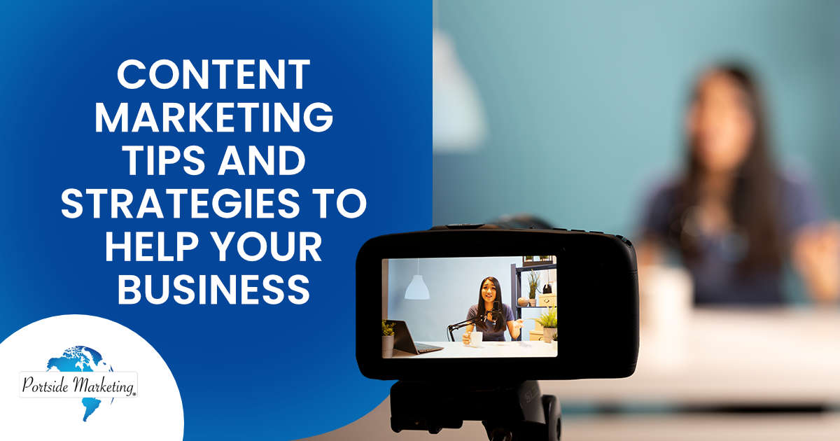 Content Marketing Tips and Strategies to Help Your Business Image of a creative content creator speaking into a microphone, featuring Portside Marketing and highlighting content marketing tips and strategies to help your business grow.