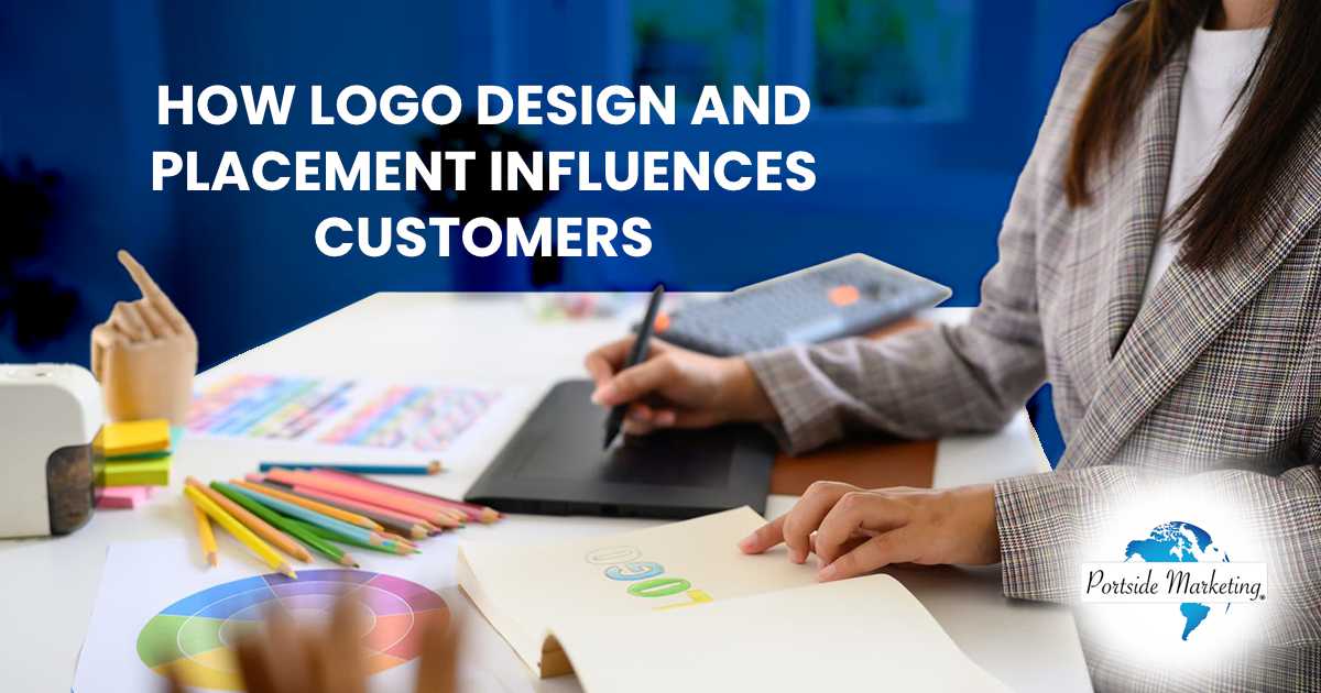 A graphic designer creating a colorful logo concept with a digital drawing tablet and sketchbook for Portside Marketing, illustrating how logo design and placement influences customers.