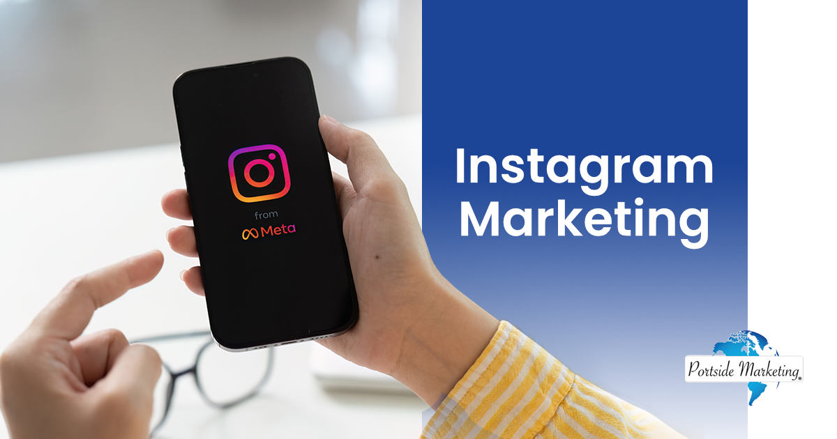 A woman in a Chiang Mai café holds an iPhone 14 Pro displaying the Instagram app, illustrating Instagram marketing concepts for Portside Marketing.