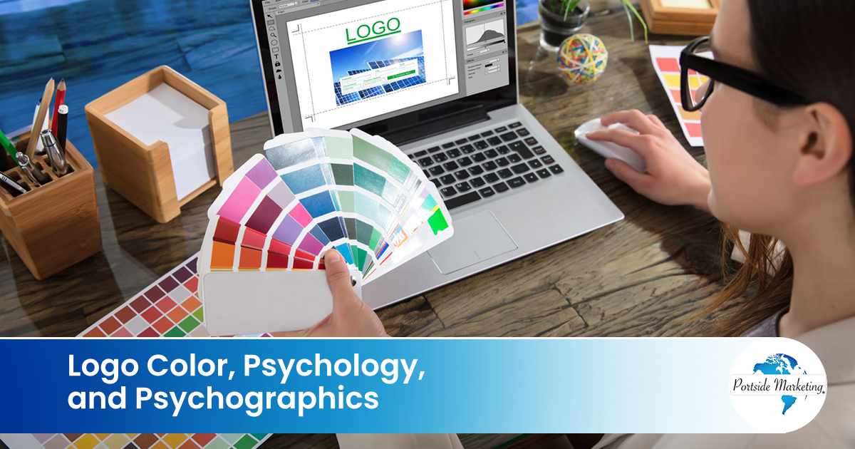 Logo Color, Psychology, and Psychographics Business woman selecting colors for a logo design, representing Portside Marketing, illustrating the impact of logo color on psychology and psychographics.