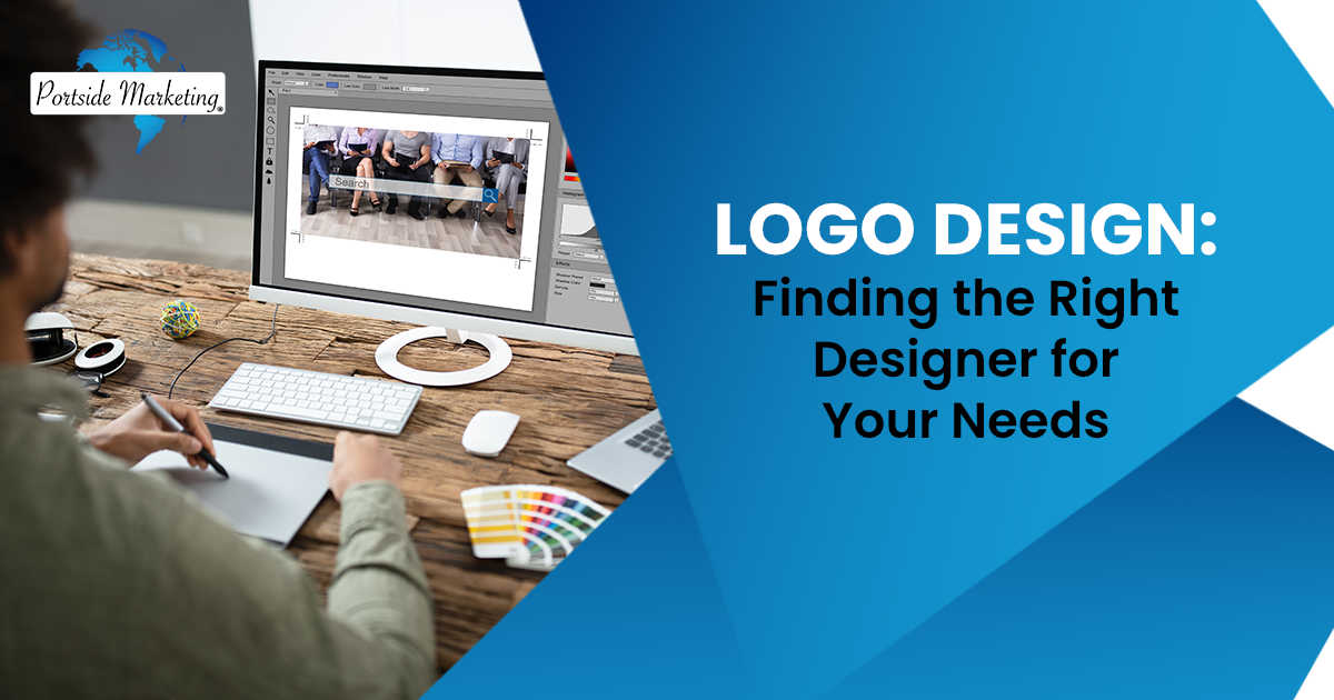 Logo Design Finding the Right Designer for Your Needs Image of a designer editing a photo on a computer, featuring Portside Marketing and highlighting logo design with a focus on finding the right designer for your needs.