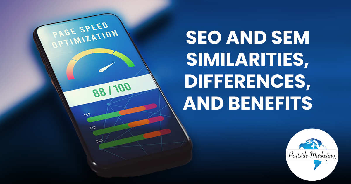 SEO and SEM Similarities, Differences, and Benefits Boosting mobile website performance with page speed optimization on a smartphone beside a laptop on a black wooden table, featuring Portside Marketing and illustrating SEO and SEM similarities, differences, and benefits for digital marketing.