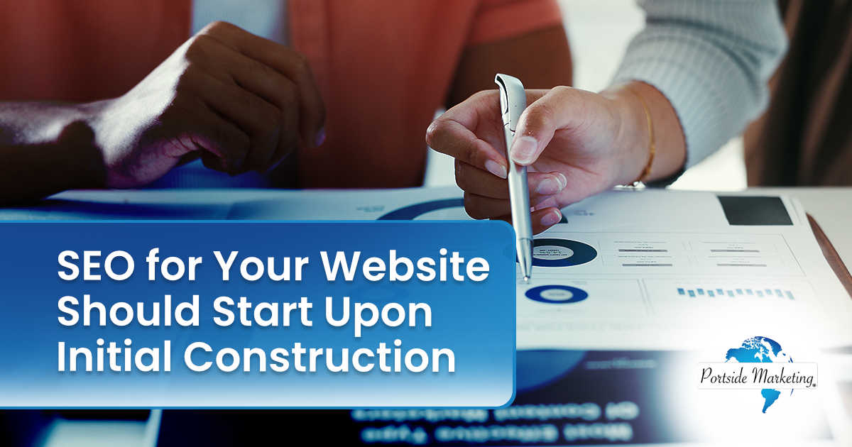 Hands, graphs, and business professionals reviewing documents and charts, collaborating on SEO planning and subscription growth. Close-up of a team brainstorming with analytics and paperwork, featuring Portside Marketing and supporting the topic ‘SEO for Your Website Should Start Upon Initial Construction.