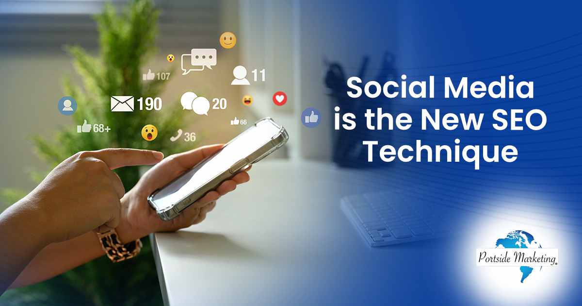 Image of a hand interacting with a smartphone, surrounded by floating social media icons and notification bubbles, featuring Portside Marketing and highlighting how social media is becoming the new SEO technique.