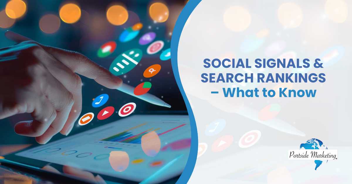 Hand using SEO analytics on a digital tablet with a futuristic interface, representing Portside Marketing’s guide to social signals and their impact on search rankings.