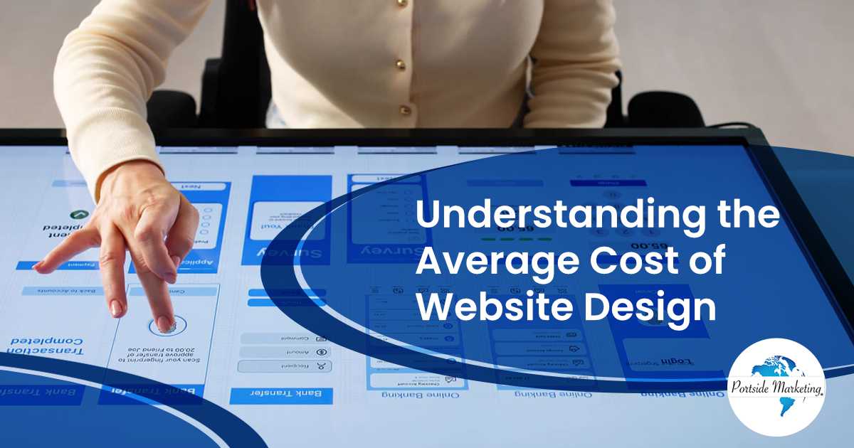 Innovative businesswoman designing a website on a PC, featuring Portside Marketing and highlighting an article on understanding the average cost of website design.