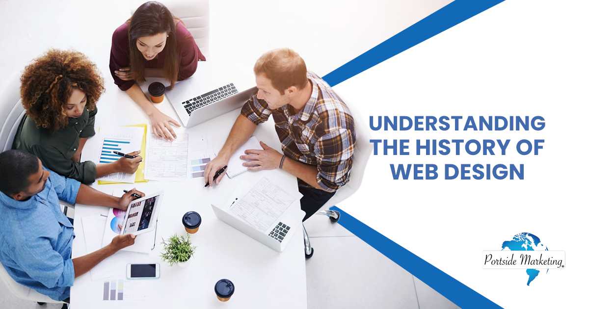 Business professionals in an office discussing strategy while using a tablet to review web planning, UX design, SEO, and website content concepts, featuring Portside Marketing and highlighting *Understanding the History of Web Design*.