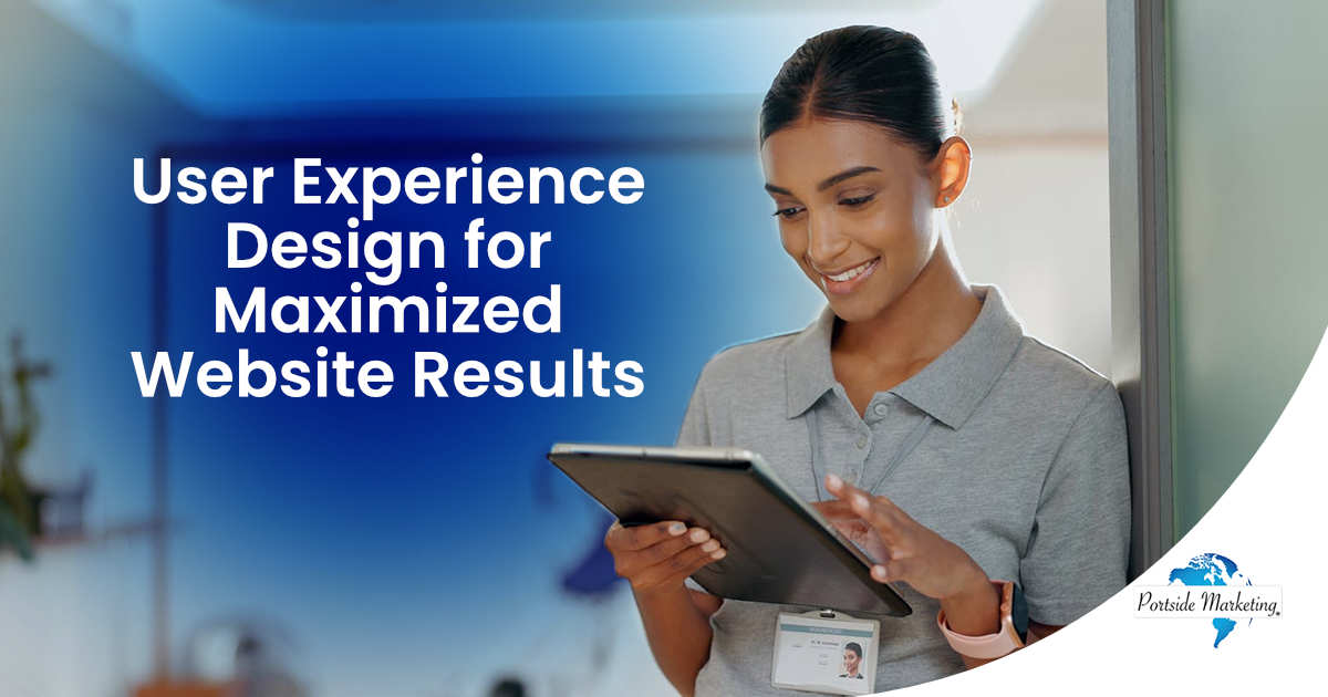 Smiling woman in a physiotherapy clinic using a tablet, representing telehealth, rehabilitation, and patient information. Featuring Portside Marketing, highlighting user experience design for maximized website results.