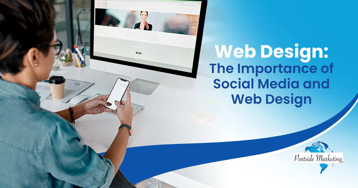 Web Design The Importance of Social Media and Web Design Cellphone on a desk as a woman in an office types and scrolls through social media, representing technology, communication, and online research. Image features Portside Marketing and supports the topic ‘Web Design: The Importance of Social Media and Web Design’ for creative planning and digital branding context.