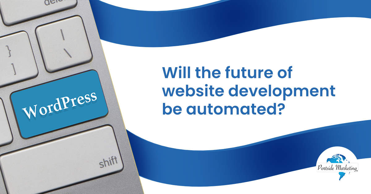 WORDPRESS text on a keyboard over a yellow background, symbolizing business and technology concepts, featured by Portside Marketing, illustrating the question 'Will the future of website development be automated?'