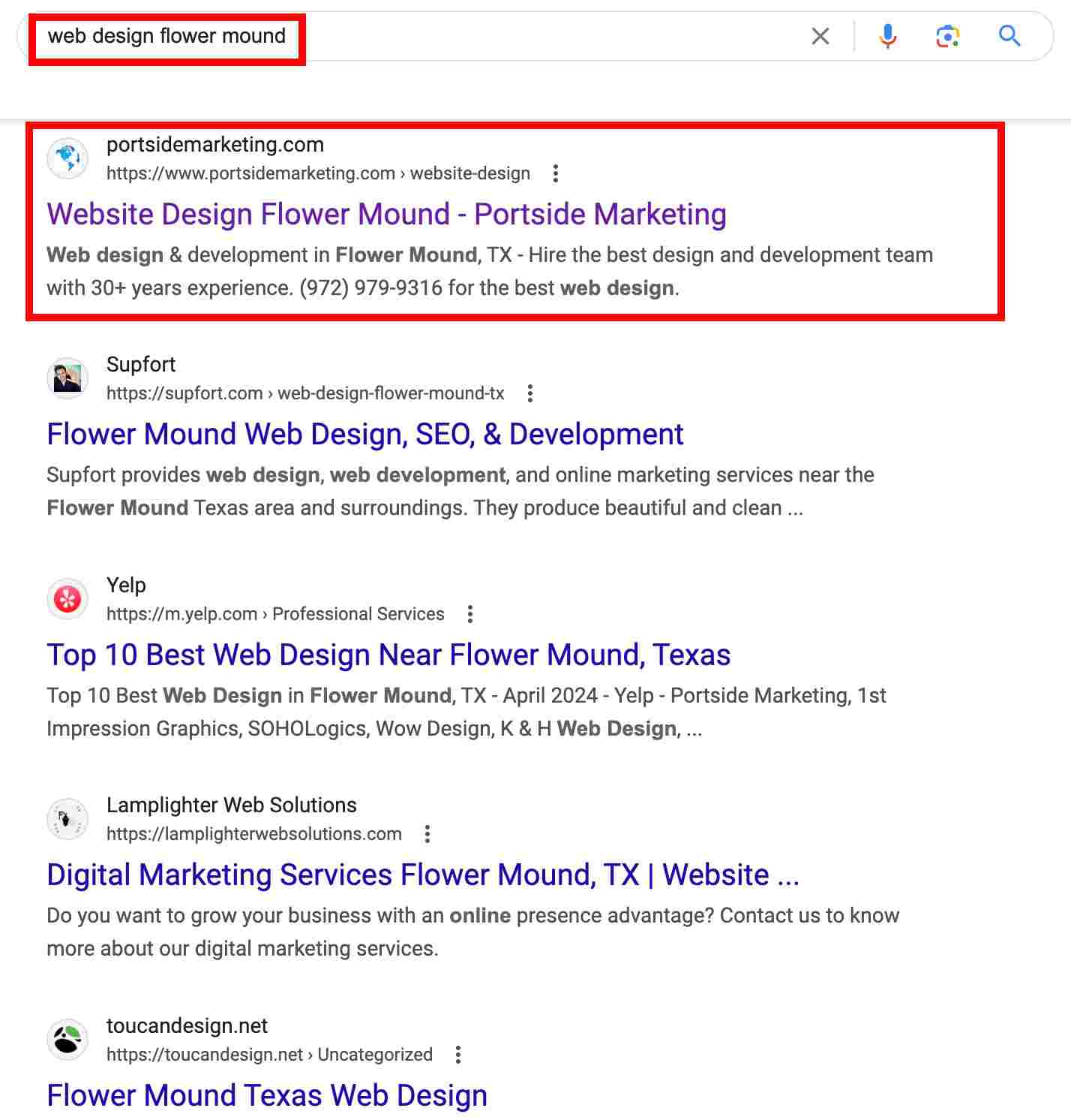 google-organic-seo-search-results-portside-marketing Image of Google Local SEO GBP results showcasing Portside Marketing, highlighting their website services and aligning with the page’s focus on online visibility.