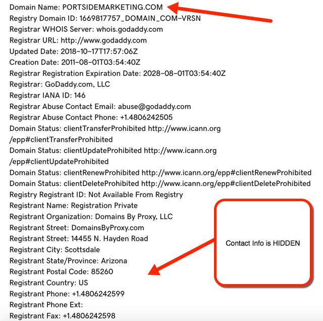 domain name privacy example showing hidden data